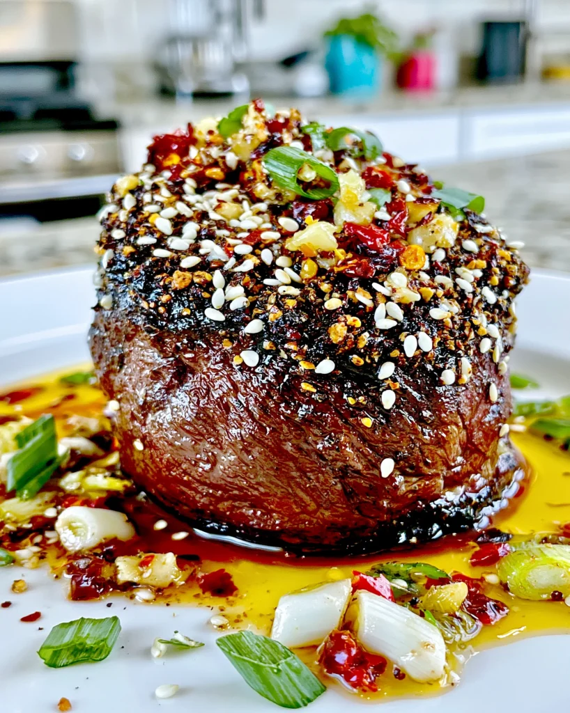 Crushed Szechuan Peppercorn and Toasted White Sesame-Crusted Filet Mignon with a Charred Scallion Ginger Butter