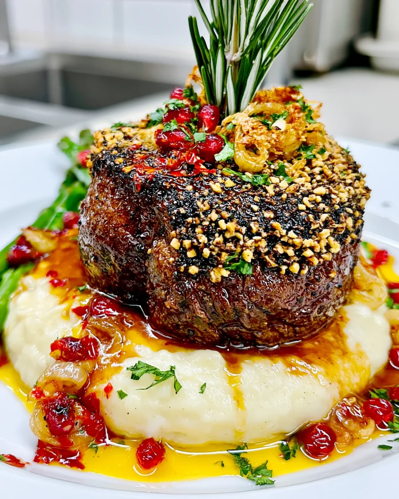 Crushed Tellicherry Peppercorn and Crispy Shallot-Crusted Filet Mignon with a Cognac-Truffle Cream Gravy
