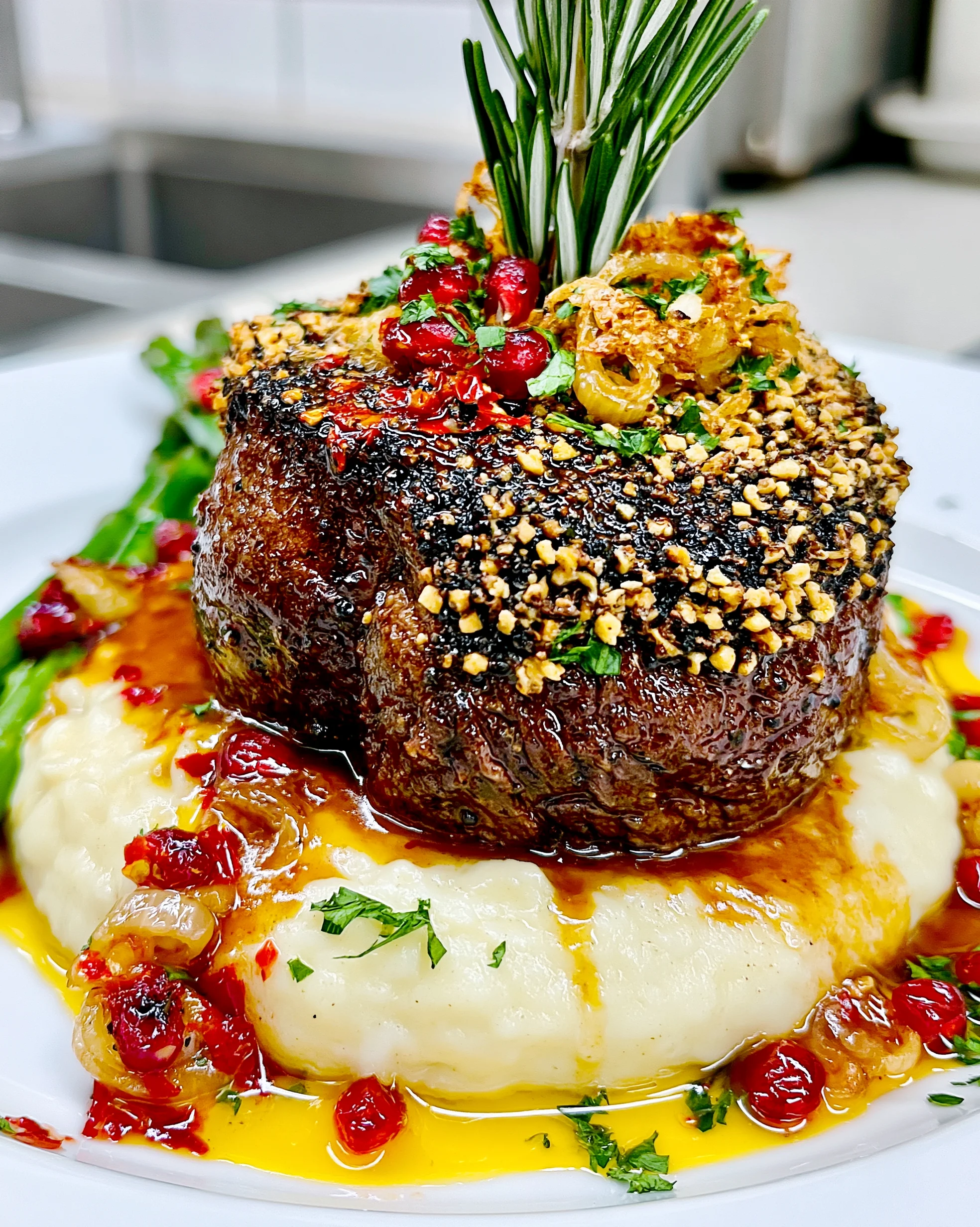 Crushed Tellicherry Peppercorn and Crispy Shallot-Crusted Filet Mignon with a Cognac-Truffle Cream Gravy