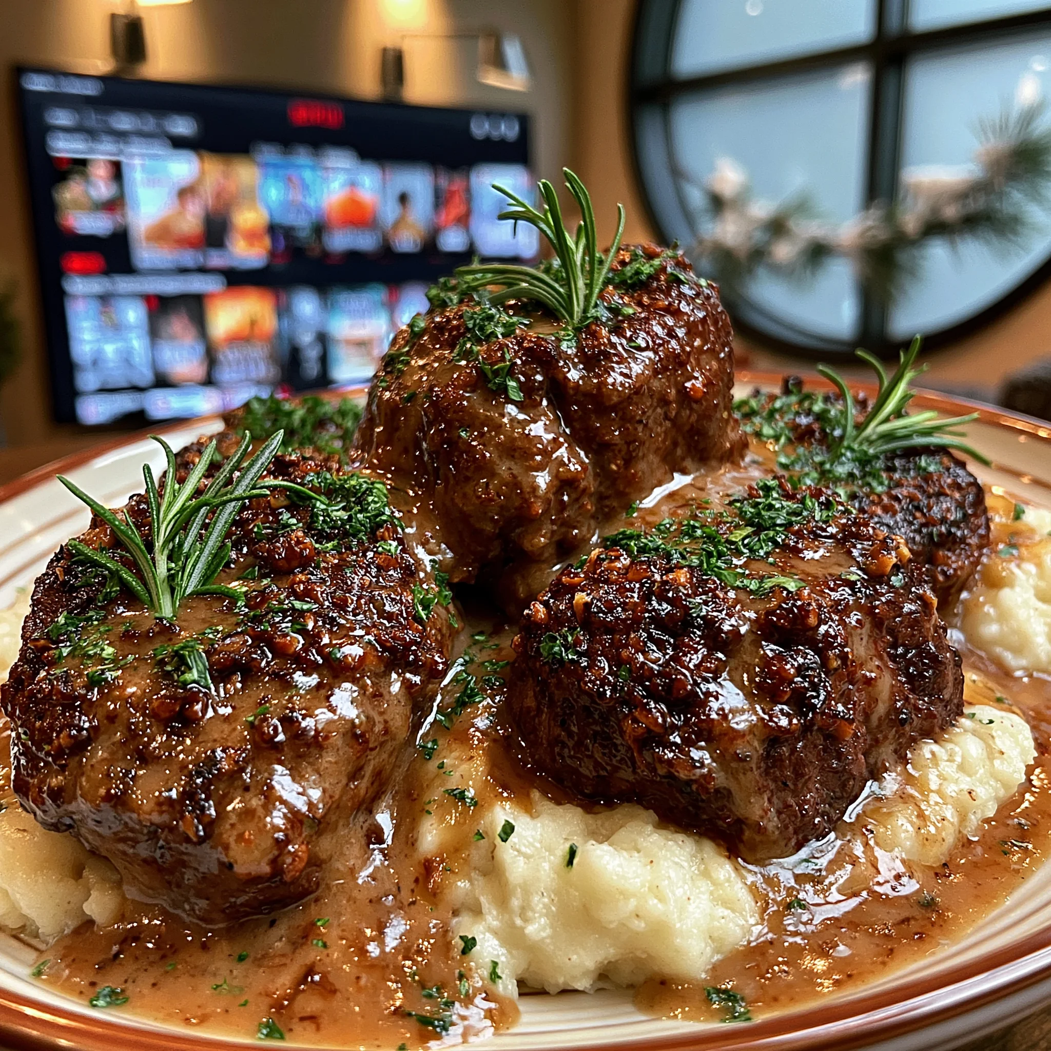 Crushed Walnut and Rosemary-Crusted Beef Medallions with a Velvety Caramelized Onion Gravy