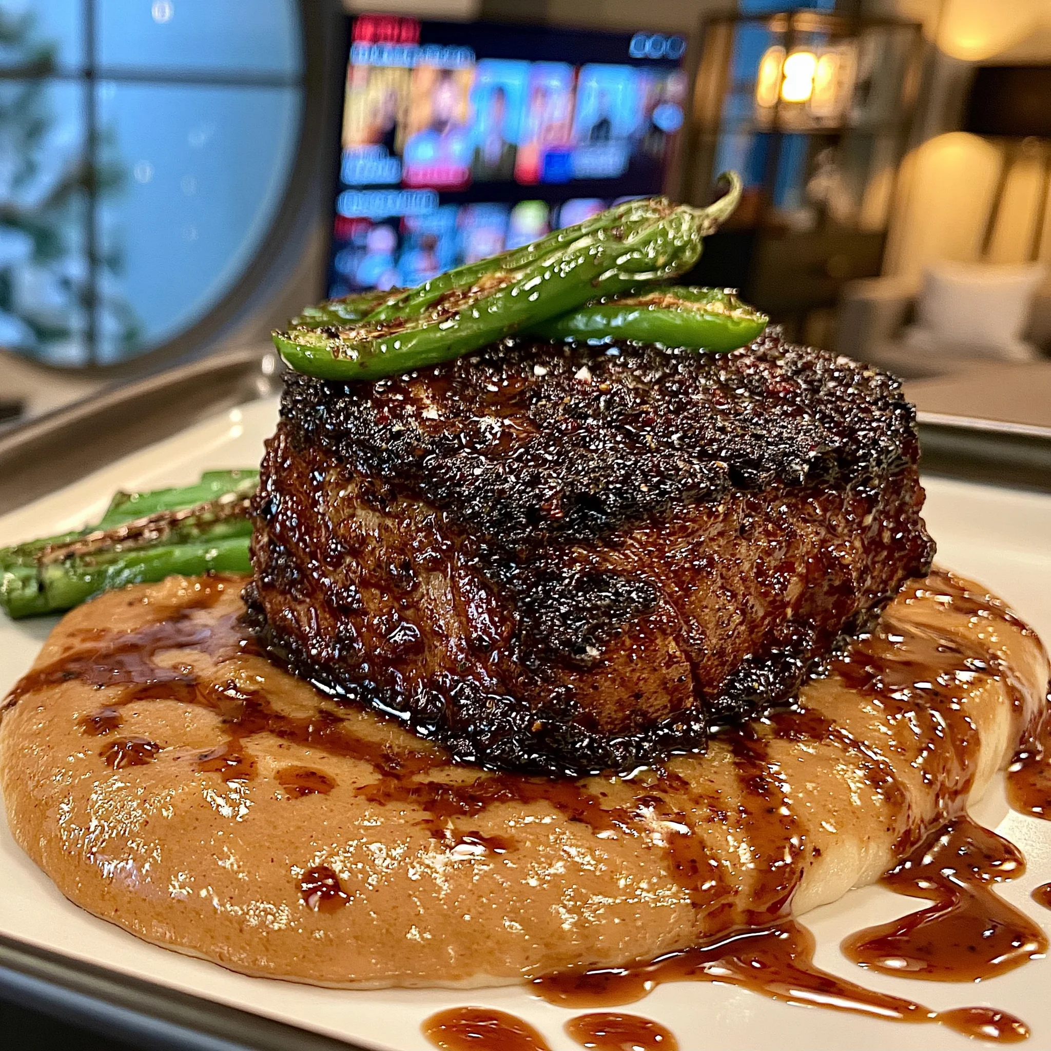 Dark Cherry-Balsamic and Fire-Roasted Jalapeño-Crusted Filet Mignon with a Coriander Bone Broth Jus