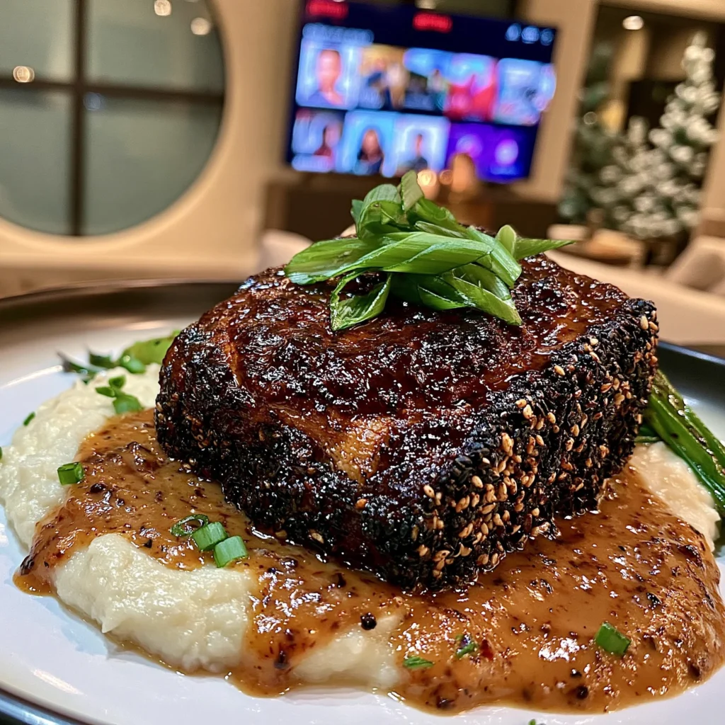 Date-Molasses and Toasted Sesame-Crusted Ribeye with a Charred Scallion and Ginger Reduction