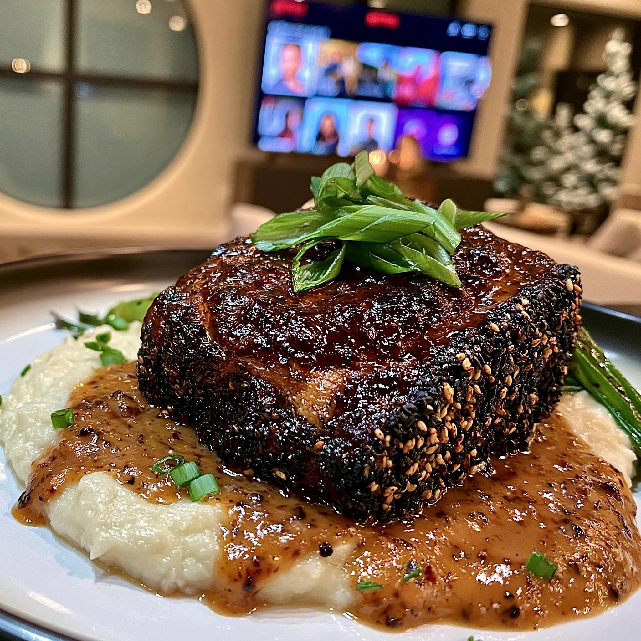 Date-Molasses and Toasted Sesame-Crusted Ribeye with a Charred Scallion and Ginger Reduction