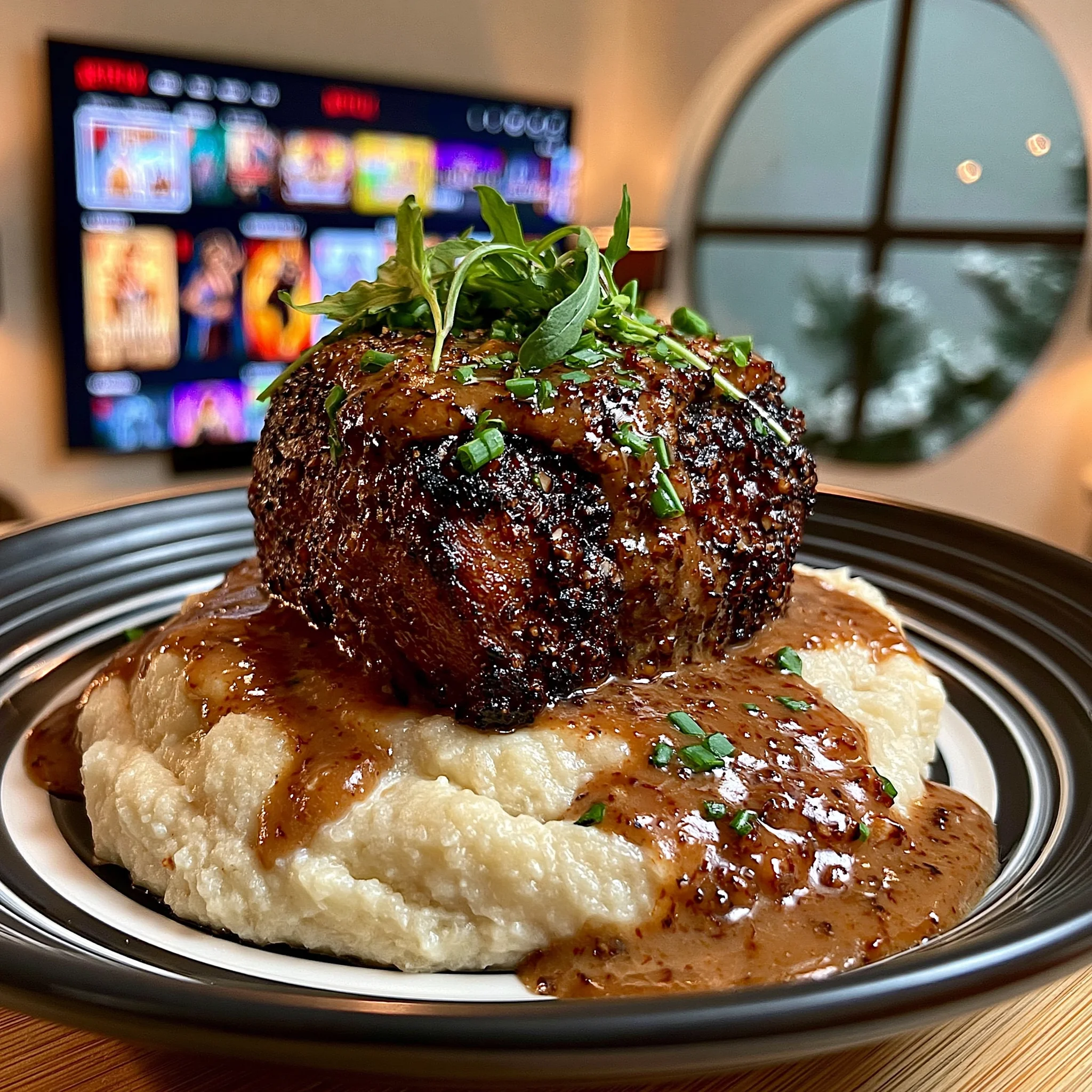 Fermented Black Garlic and Crushed Macadamia-Crusted Filet Mignon with a Bourbon-Infused Bone Marrow Reduction