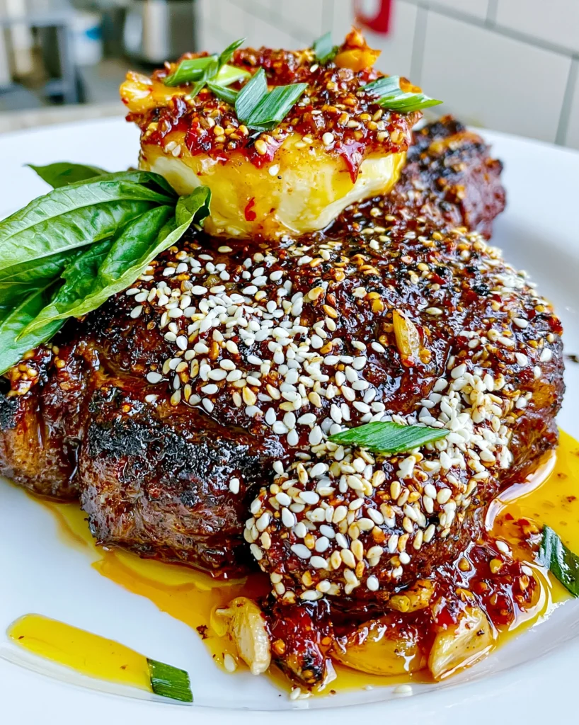 Ginger-Confit and Toasted White Sesame-Crusted Ribeye with a Sweet Garlic and Charred Scallion Butter