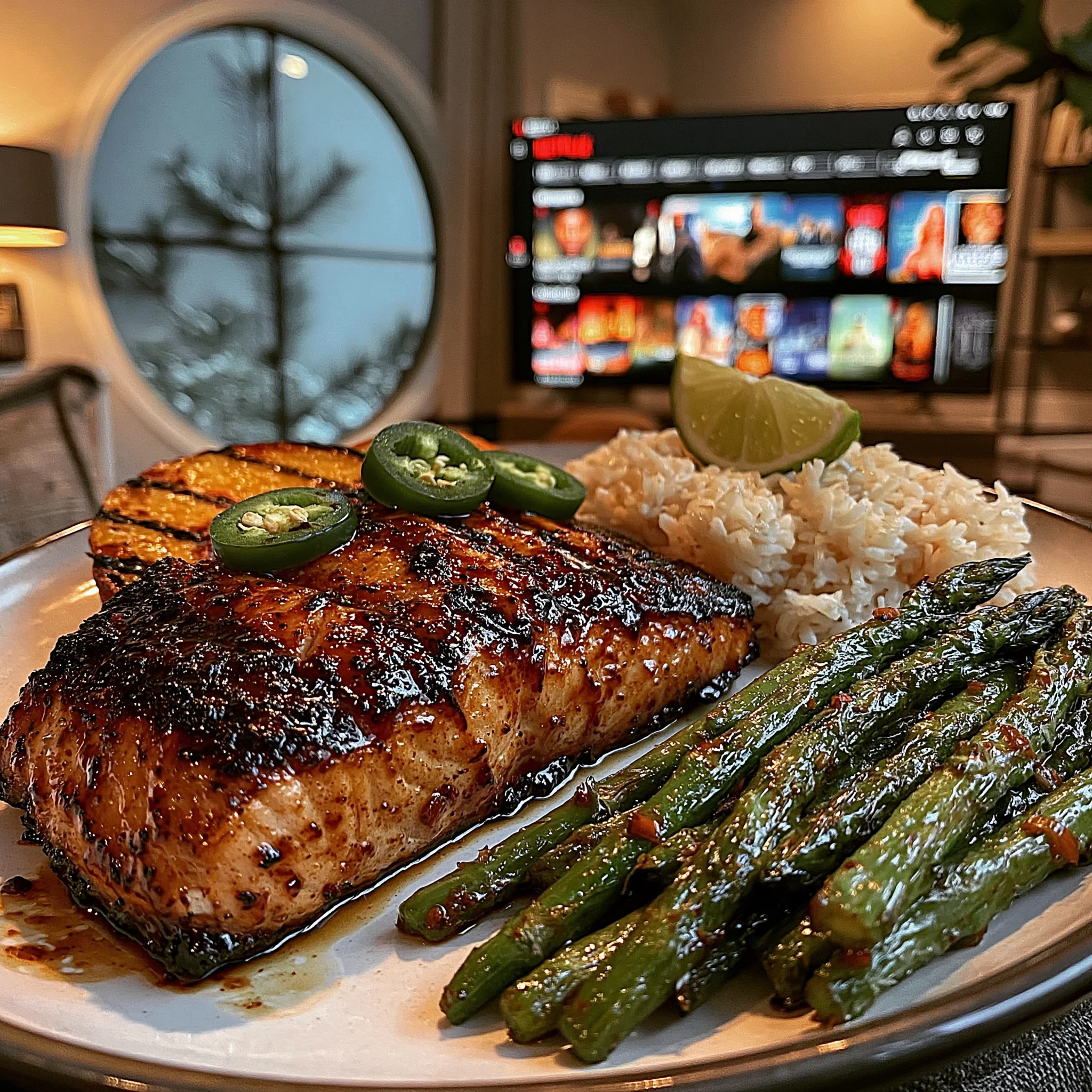 Grilled Peach and Jalapeño Glazed Salmon with Fluffy Coconut Rice and Zesty Lime Green Beans