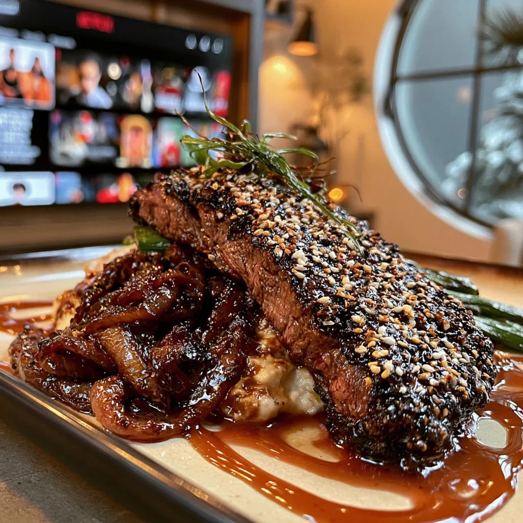 Horseradish-Crusted Hanger Steak with Caramelized Onions & Crispy Leeks