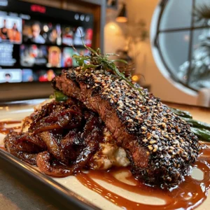 Horseradish-Crusted Hanger Steak with Caramelized Onions & Crispy Leeks