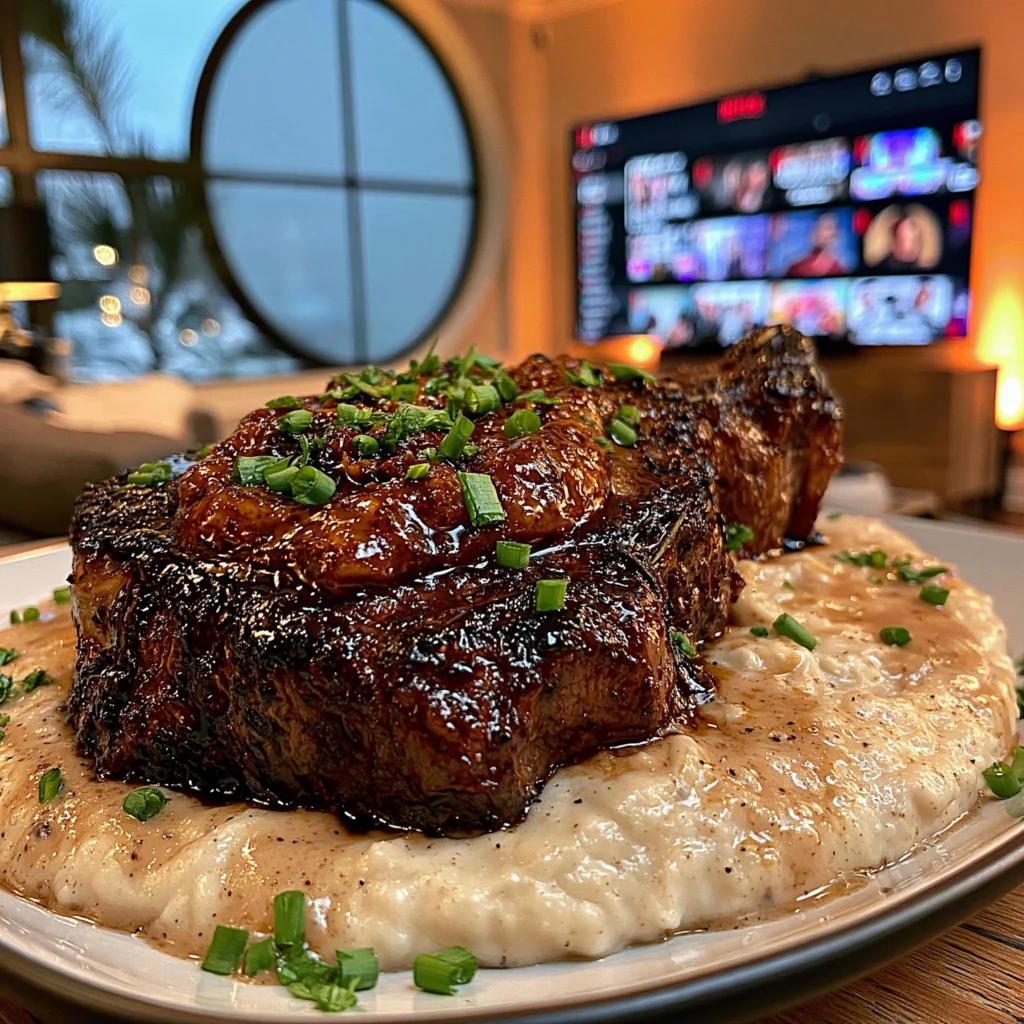 Maple-Balsamic Glazed Garlic Confit and Rosemary Braised Ribeye with a Velvety Parsnip & Brown Butter Gravy