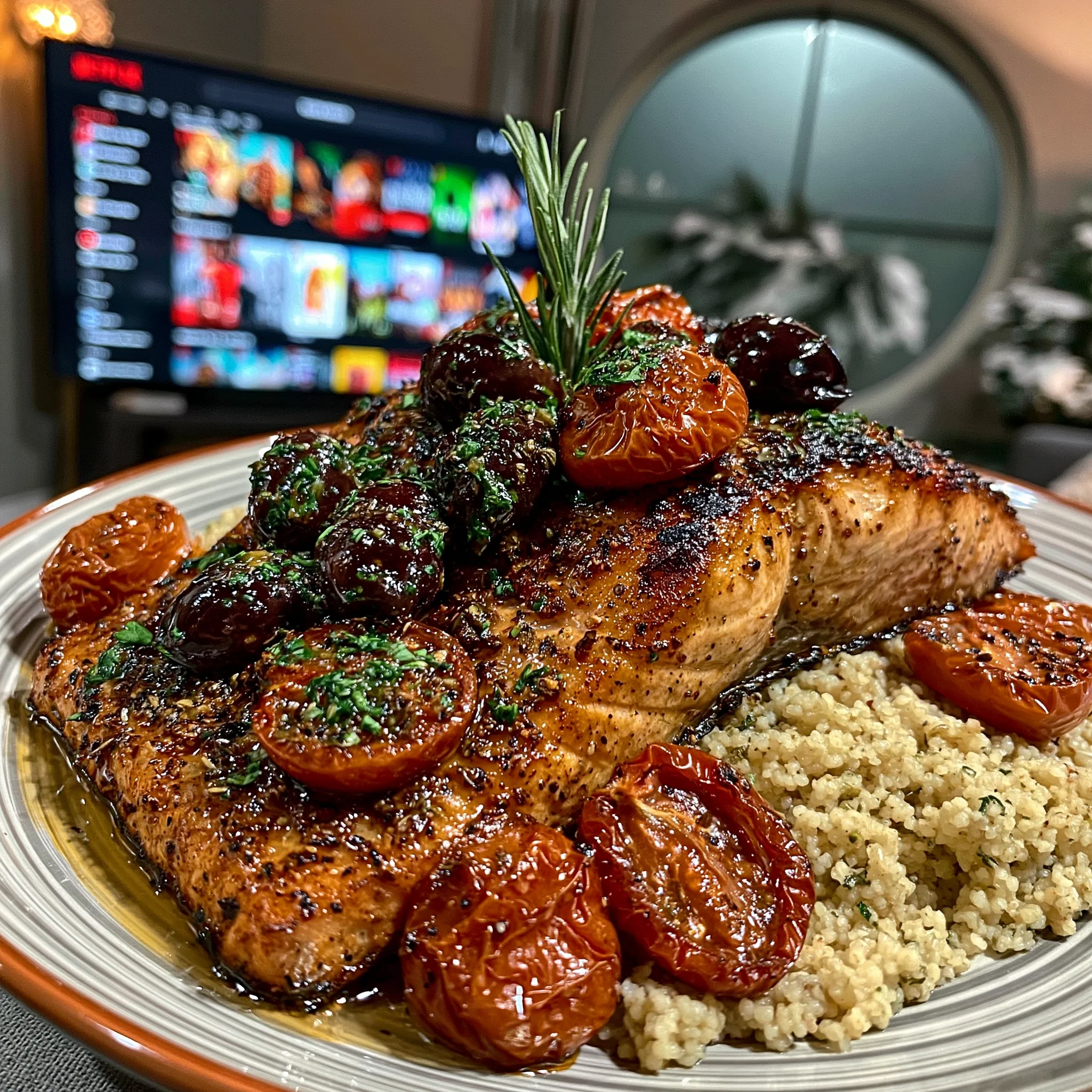 Pan-Roasted Mediterranean Salmon with Kalamata Olives, Blistered Tomatoes, and Garlic Herb Couscous