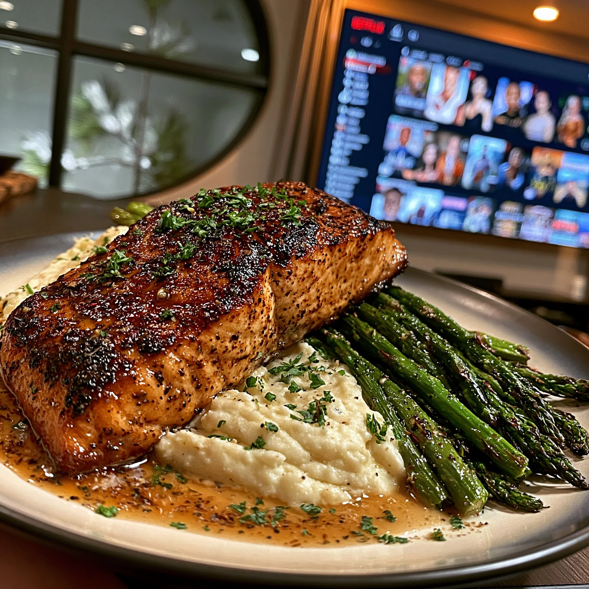 Pan-Seared Garlic Butter Salmon with Creamy Mashed Potatoes and Roasted Asparagus