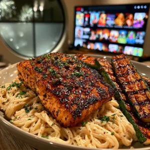 Pan-Seared Lemon Caper Salmon with Buttered Angel Hair Pasta and Roasted Zucchini Spears
