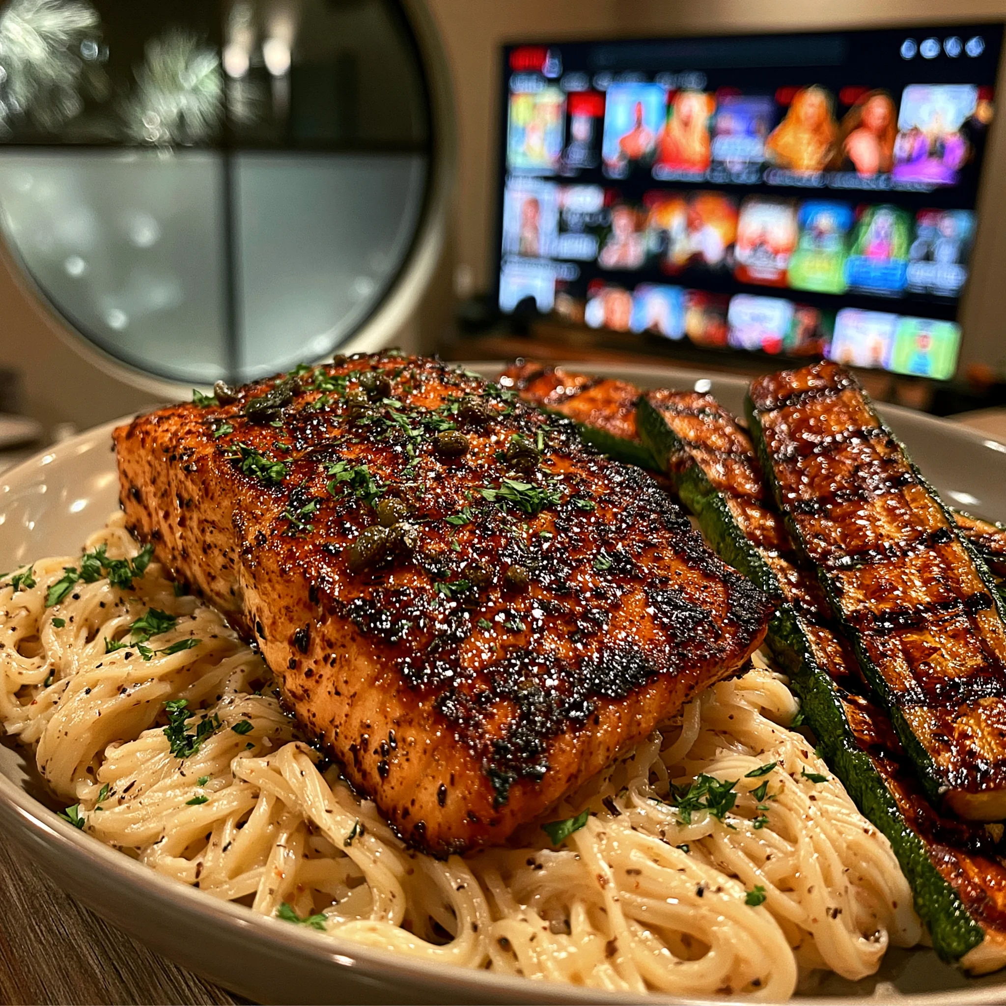 Pan-Seared Lemon Caper Salmon with Buttered Angel Hair Pasta and Roasted Zucchini Spears