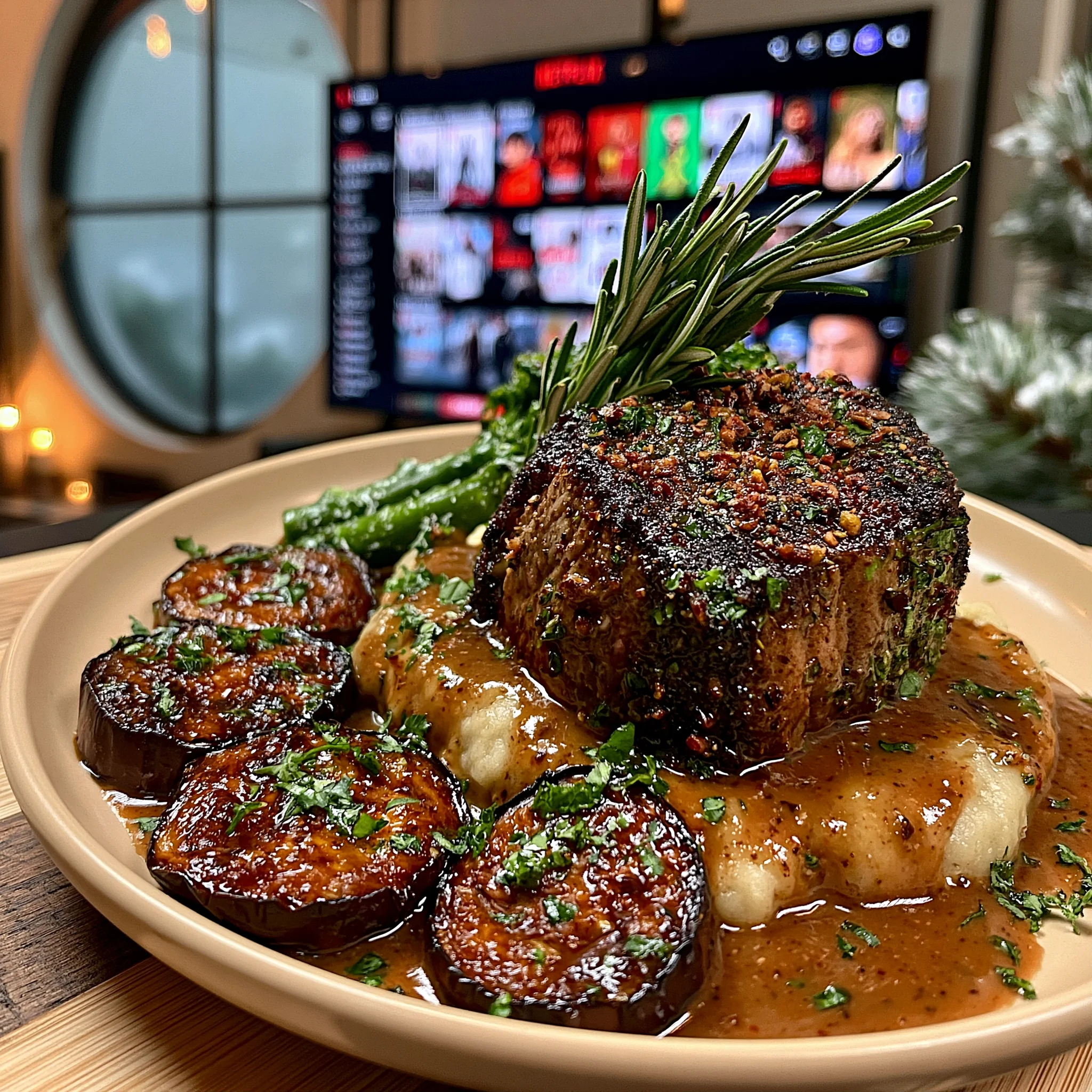 Pistachio and Mint-Crusted Lamb Sirloin with a Rich Roasted Eggplant Butter