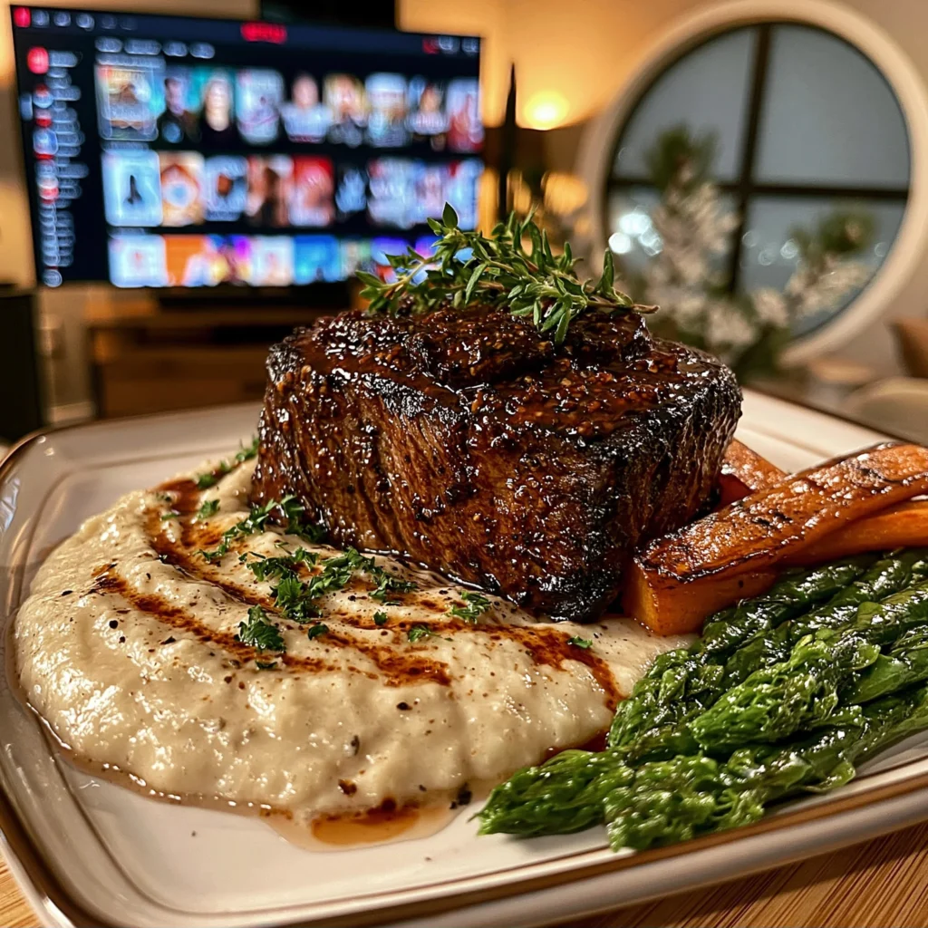 Plum-Balsamic Glazed Garlic and Thyme Braised Ribeye with a Velvety Celeriac & Parsnip Gravy