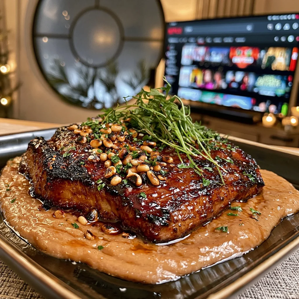 Pomegranate-Glazed Flank Steak with Toasted Pine Nuts & Fresh Herbs