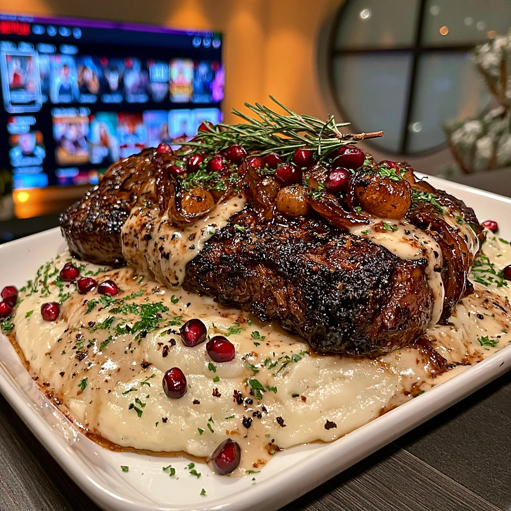 Pomegranate-Glazed Pearl Onion and Marjoram Braised New York Strip with a Velvety Turnip Gravy