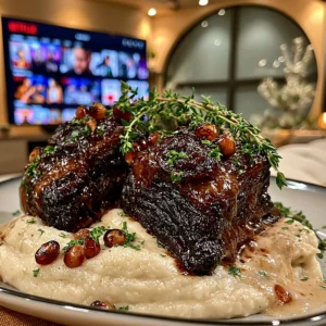 Pomegranate-Glazed Shallot and Thyme Braised Short Ribs with a Velvety Parsnip Gravy