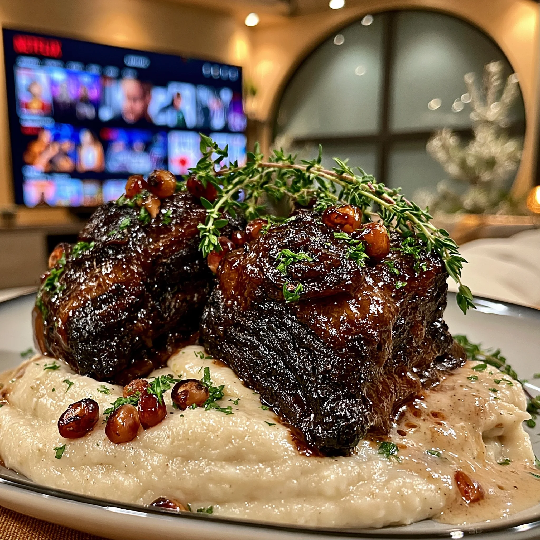 Pomegranate-Glazed Shallot and Thyme Braised Short Ribs with a Velvety Parsnip Gravy