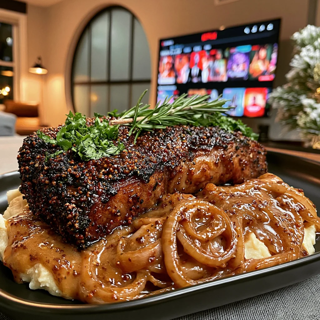 Pomegranate Molasses and Cracked Mustard-Crusted Ribeye with a Rich Caramelized Onion Gravy