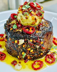 Pomegranate-Molasses and Fire-Roasted Hatch Chili-Crusted Filet Mignon with a Cilantro-Lime Compound Butter