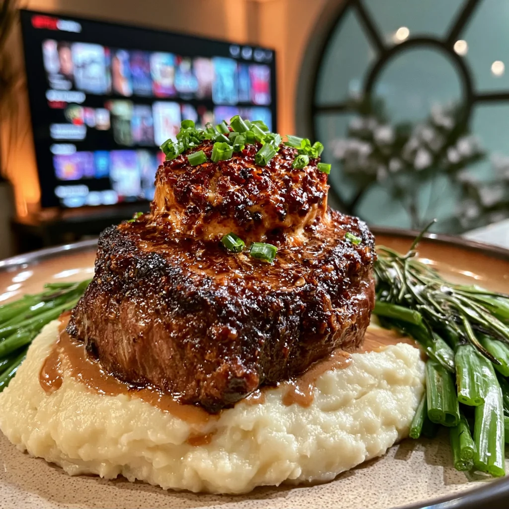 Pomegranate-Molasses and Roasted Garlic-Crusted Filet Mignon with a Charred Fresno Chili Compound Butter