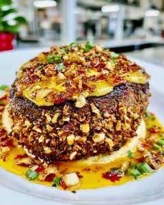 Porcini Mushroom and Crispy Shallot-Crusted Ribeye with a Velvety Roasted Garlic Bone Marrow Gravy