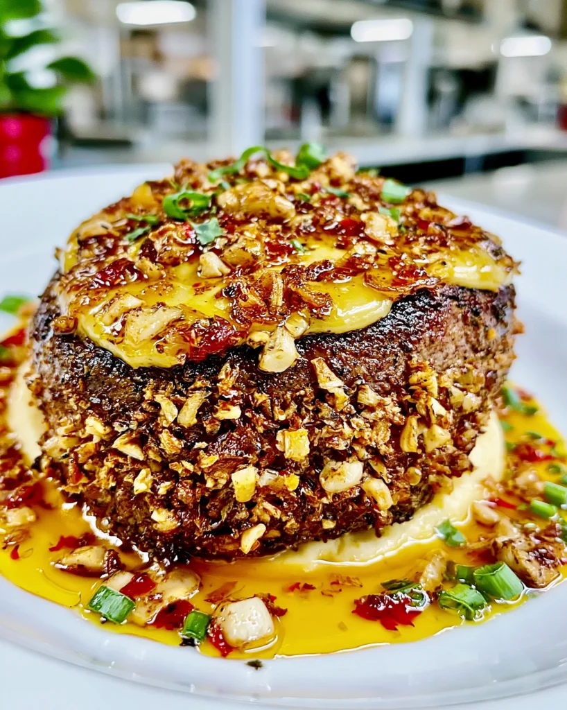 Porcini Mushroom and Crispy Shallot-Crusted Ribeye with a Velvety Roasted Garlic Bone Marrow Gravy