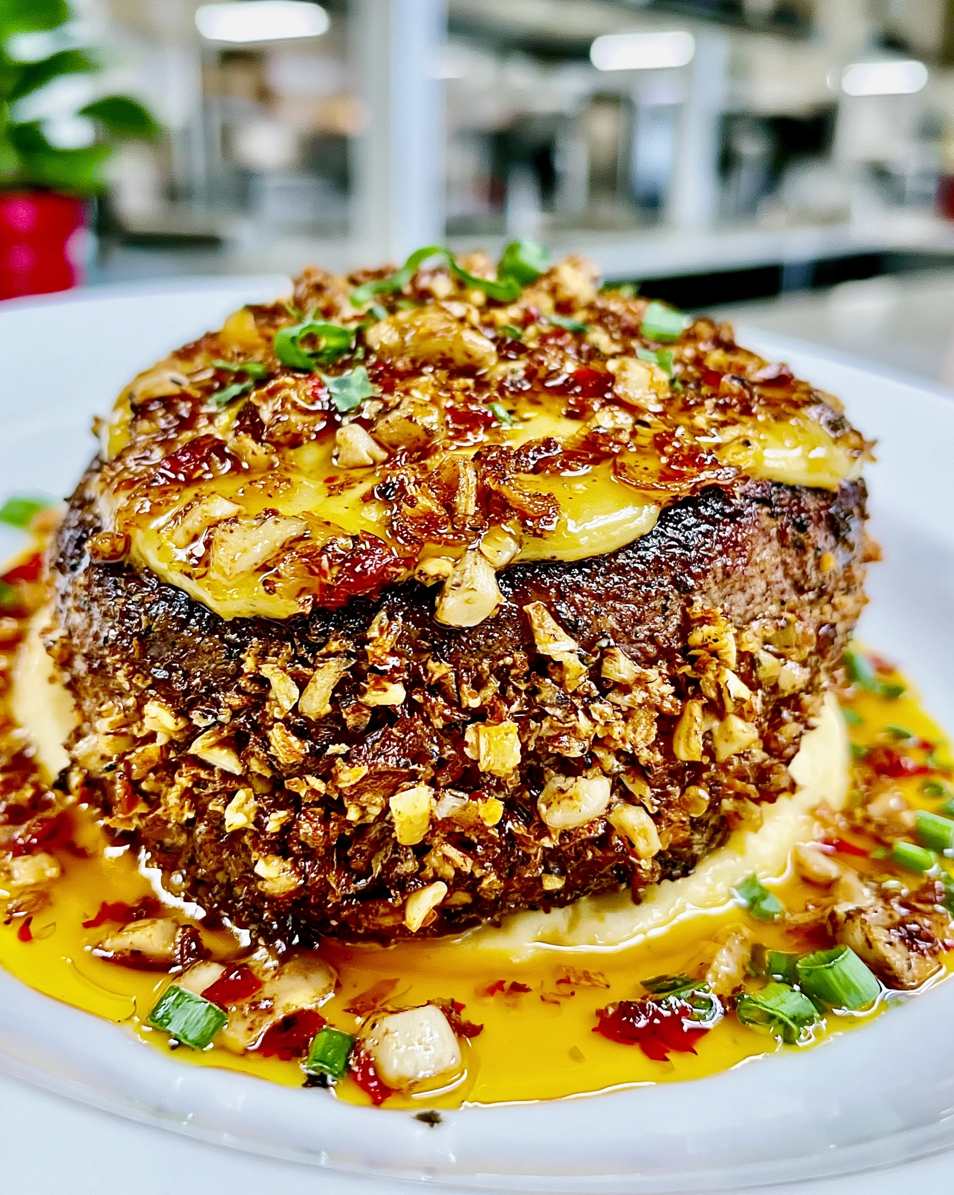 Porcini Mushroom and Crispy Shallot-Crusted Ribeye with a Velvety Roasted Garlic Bone Marrow Gravy