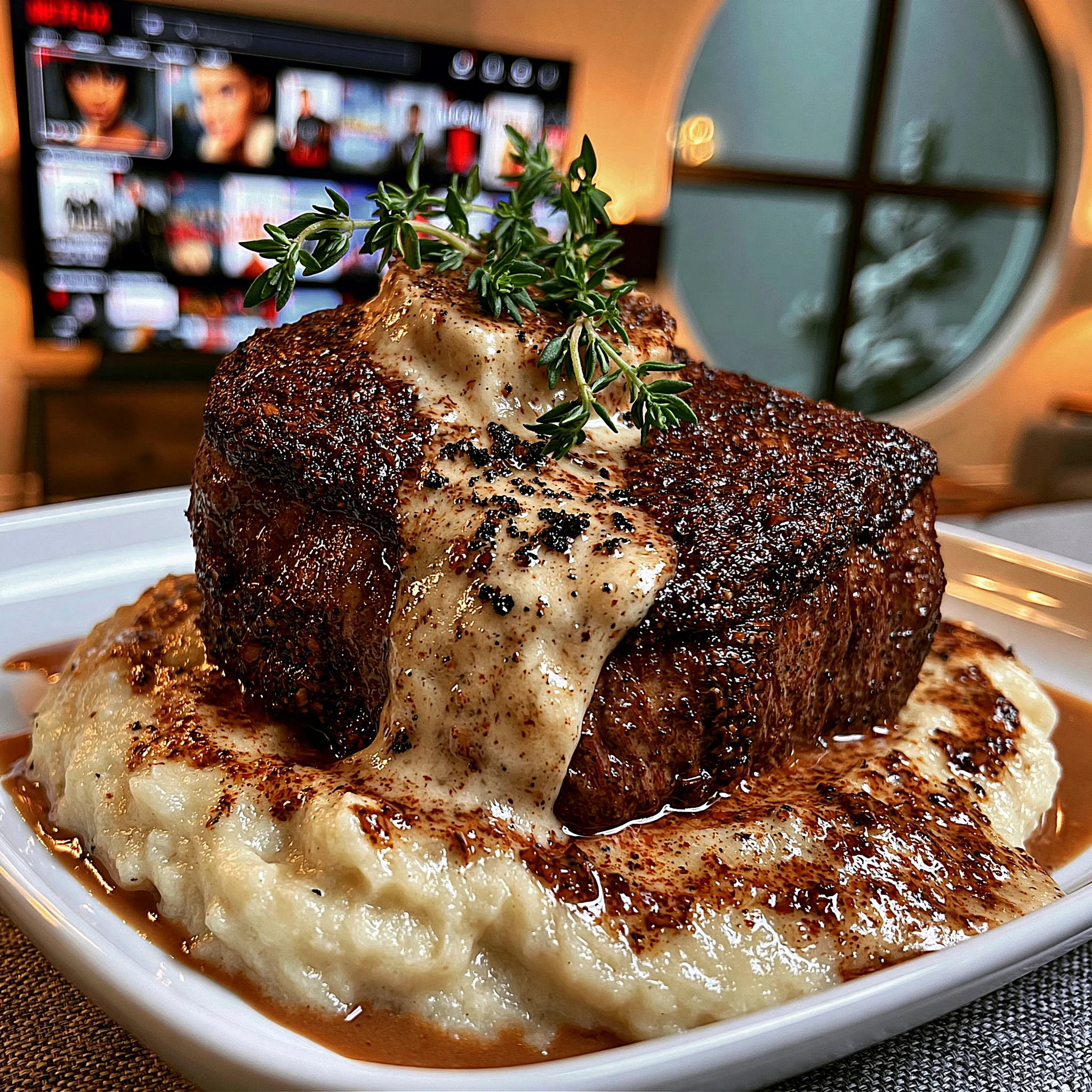 Porcini Mushroom and Thyme-Crusted Filet Mignon with a Black Truffle Compound Butter