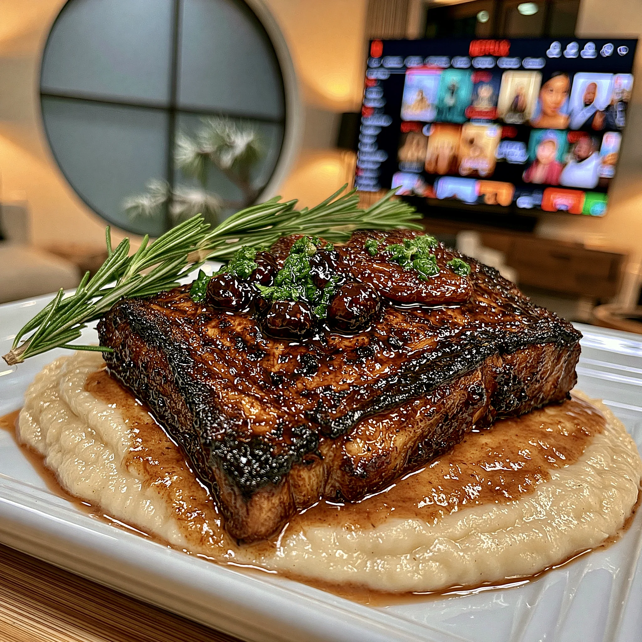 Red Currant & Balsamic-Glazed Garlic Confit and Rosemary Braised Ribeye with a Velvety Parsnip Gravy