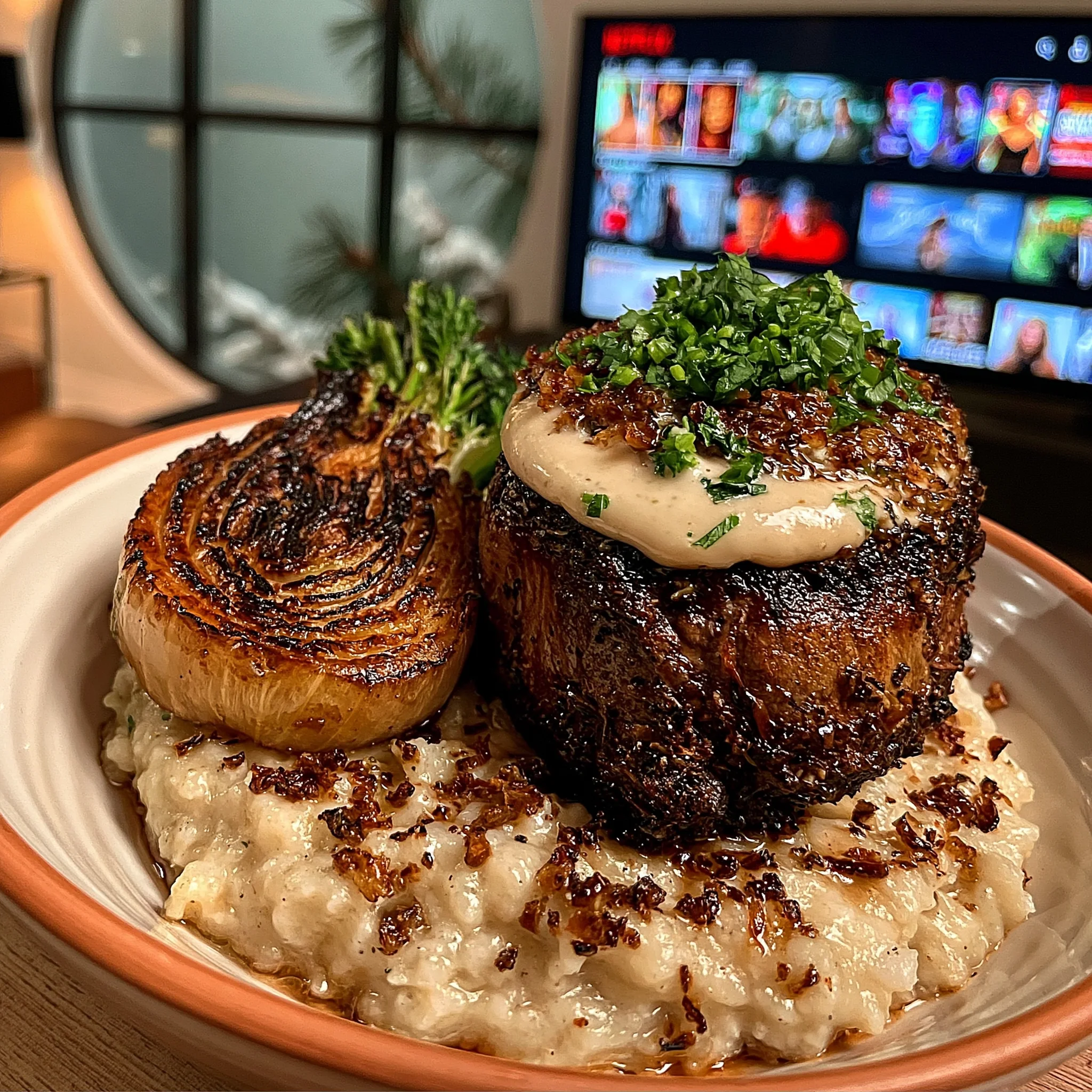 Roasted Fennel and Crispy Leek-Crusted Filet Mignon with a Creamy Lemon-Tarragon Reduction