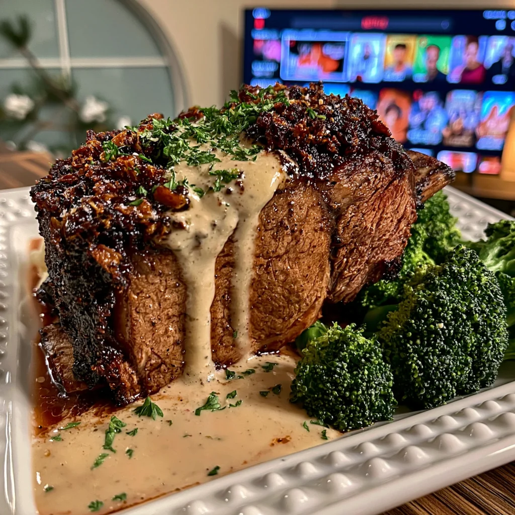 Roasted Garlic and Sea Salt-Crusted Prime Rib with a Velvety Bone Marrow Jus