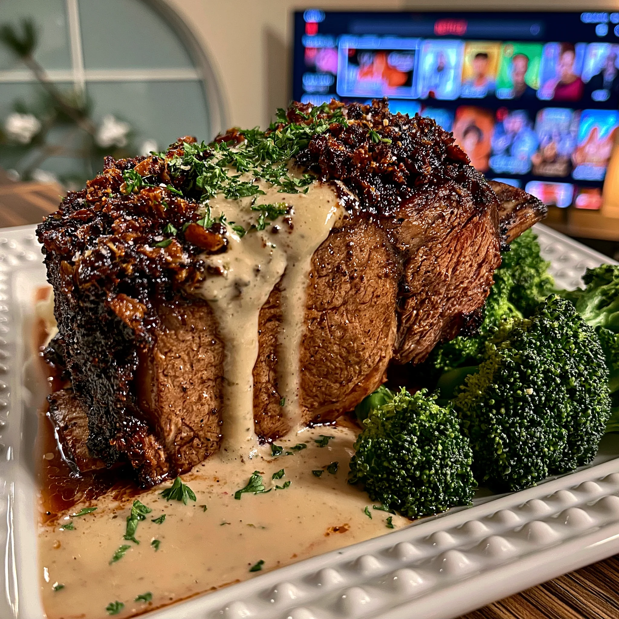 Roasted Garlic and Sea Salt-Crusted Prime Rib with a Velvety Bone Marrow Jus