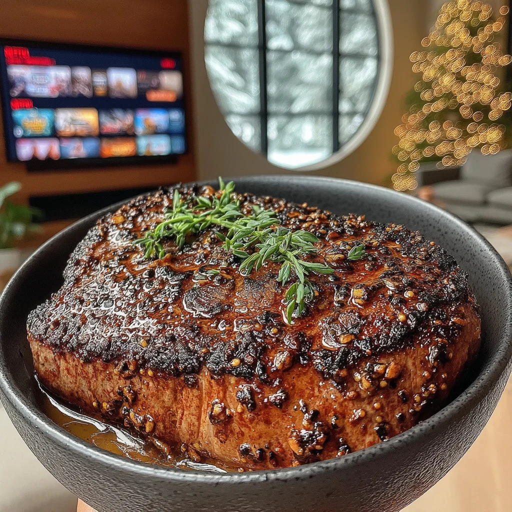 Roasted Hazelnut and Smoked Chili-Crusted Filet Mignon with Caramelized Garlic and Cilantro Butter