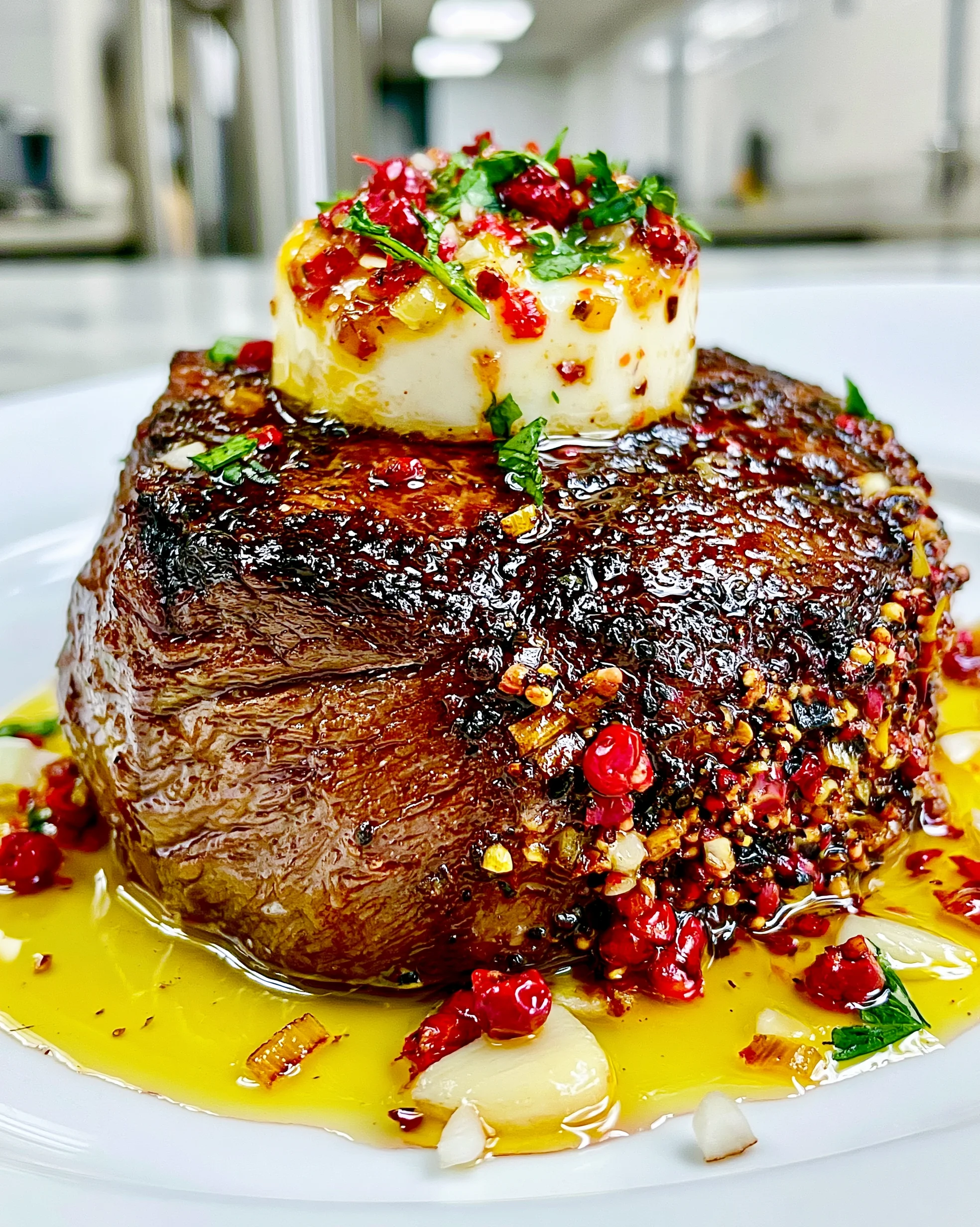 Roasted Leek and Pink Peppercorn-Crusted Filet Mignon with a Sweet Garlic Bone Broth Butter