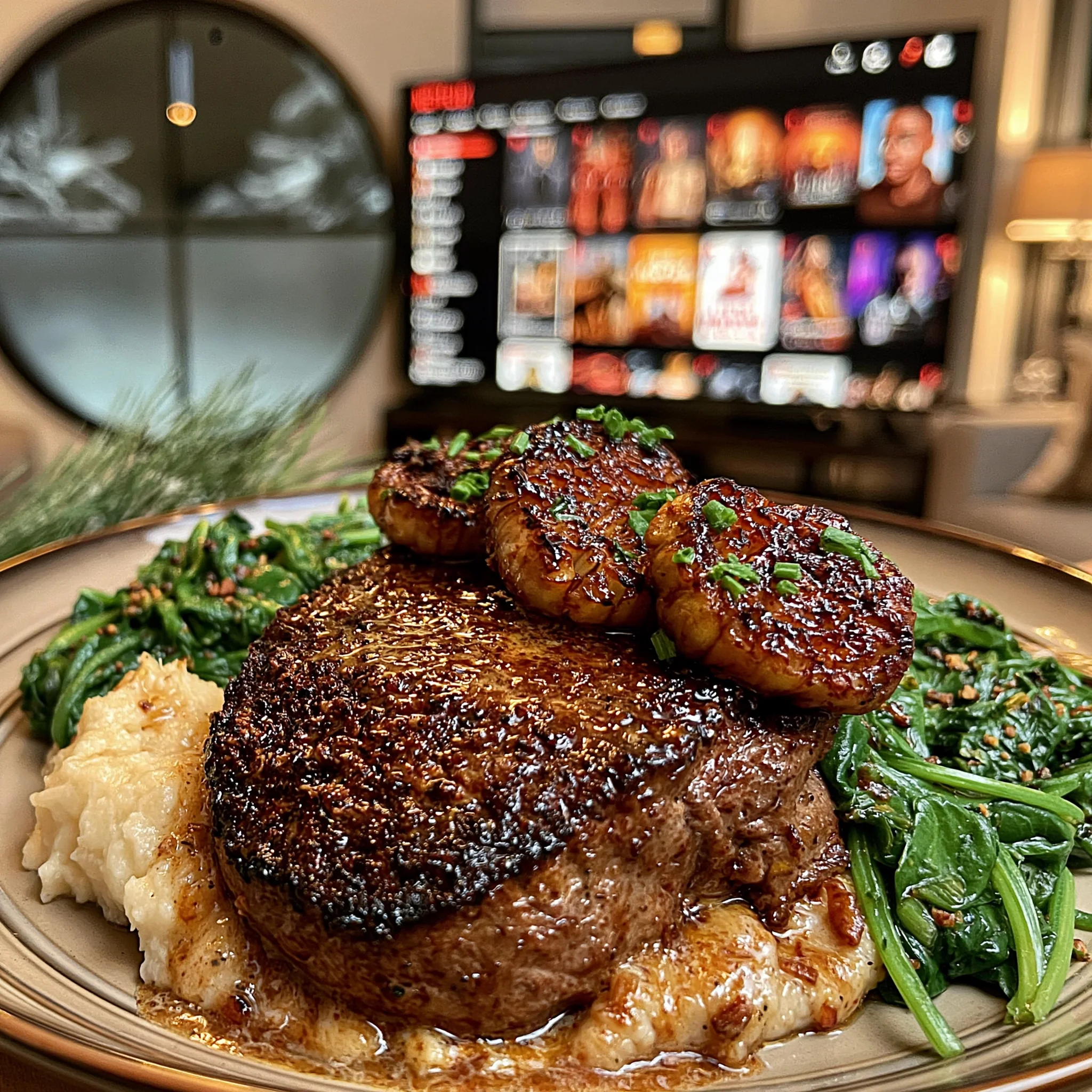 Saffron-Infused Butter Sirloin with Sautéed Spinach & Garlic Confit