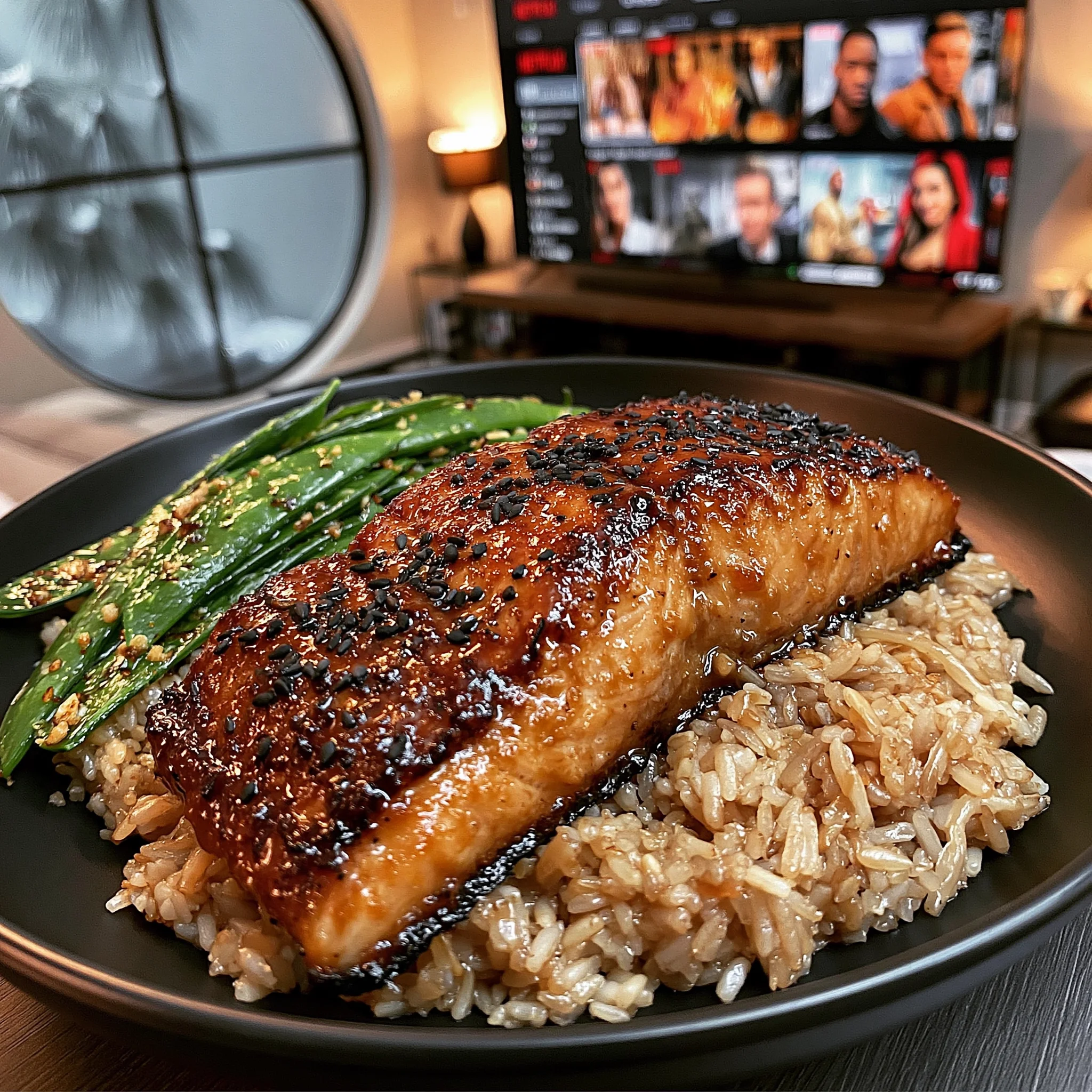 Savory Miso Glazed Salmon with Ginger Fried Rice and Crispy Garlic Snap Peas