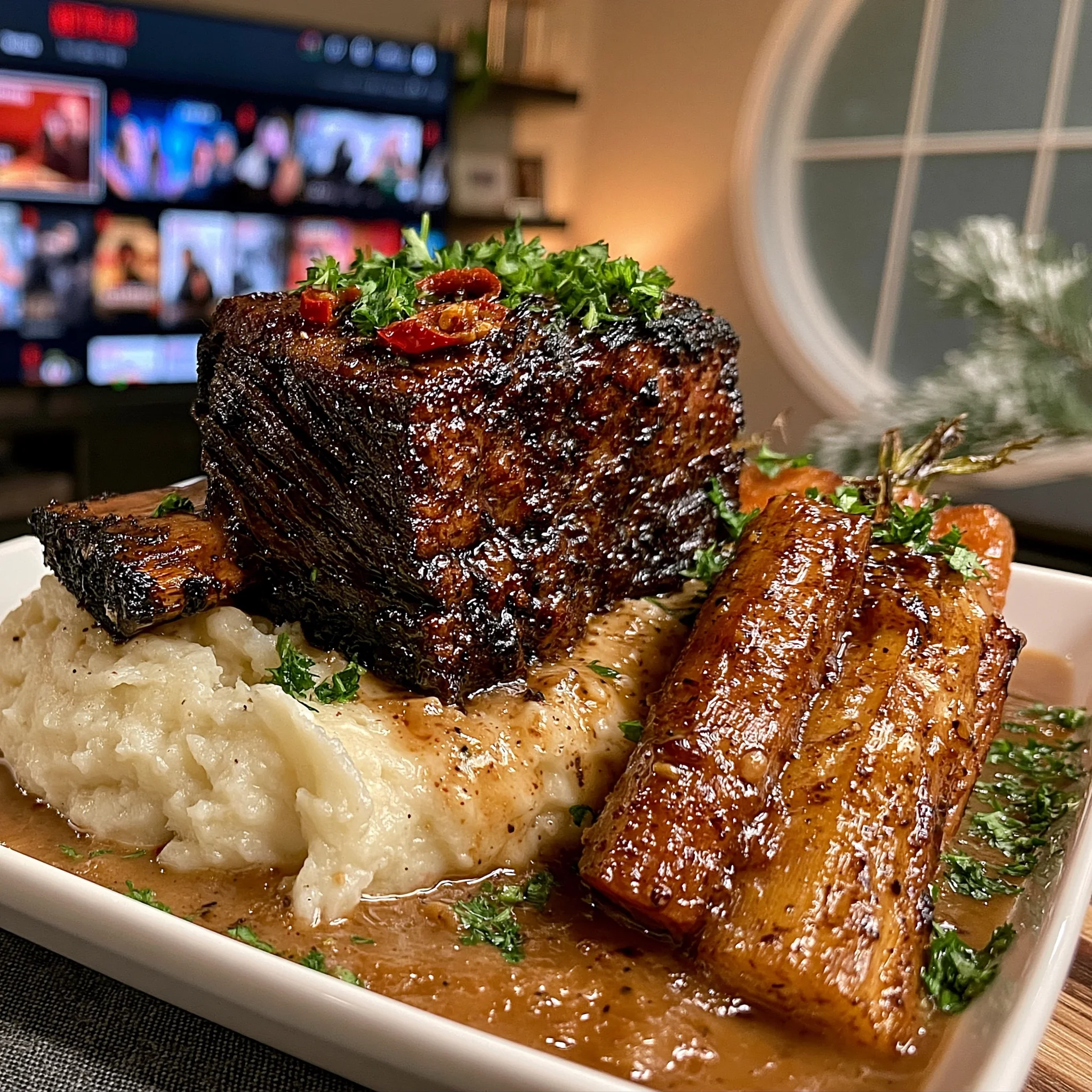 Slow-Braised Beef Short Rib with a Sweet Chili and Ginger-Glazed Root Vegetable Gravy