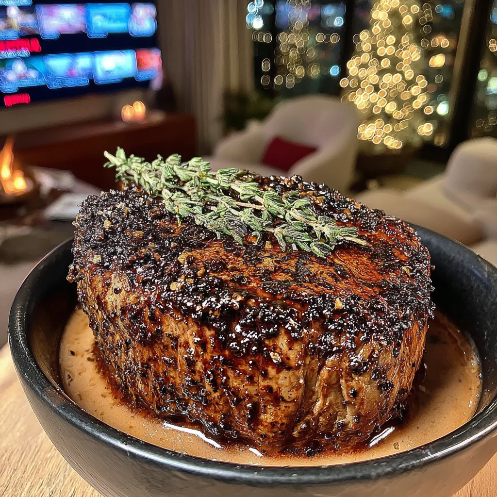 Smoked Black Pepper and Thyme-Crusted Filet Mignon with a Blackberry-Balsamic Glaze