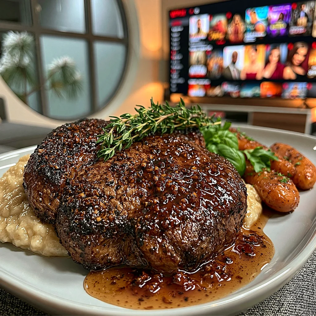 Smoked Garlic and Thyme-Crusted Ribeye with a Honey-Balsamic Glaze