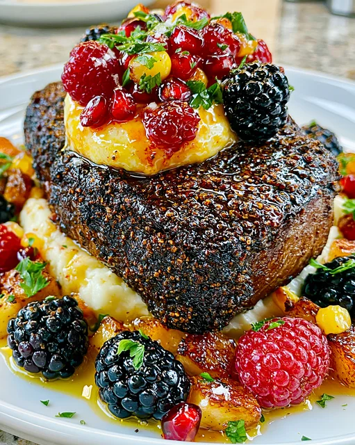 Smoked Lapsang Souchong and Cracked Long Pepper-Crusted Ribeye with a Blackberry-Bourbon Ghee Butter