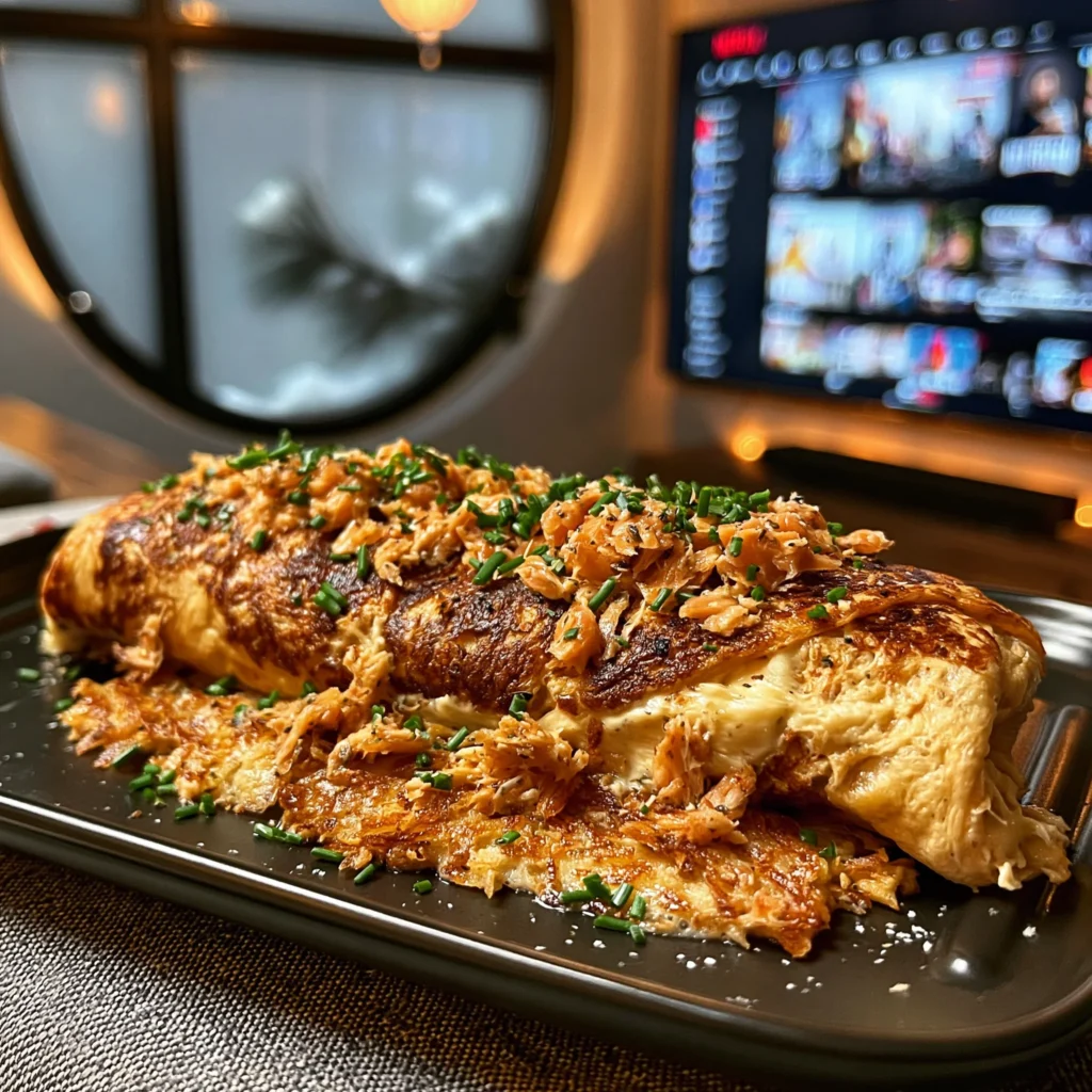 Smoked Salmon and Herb Cream Cheese Stuffed Omelet with Crispy Golden Hash Browns and Fresh Chives