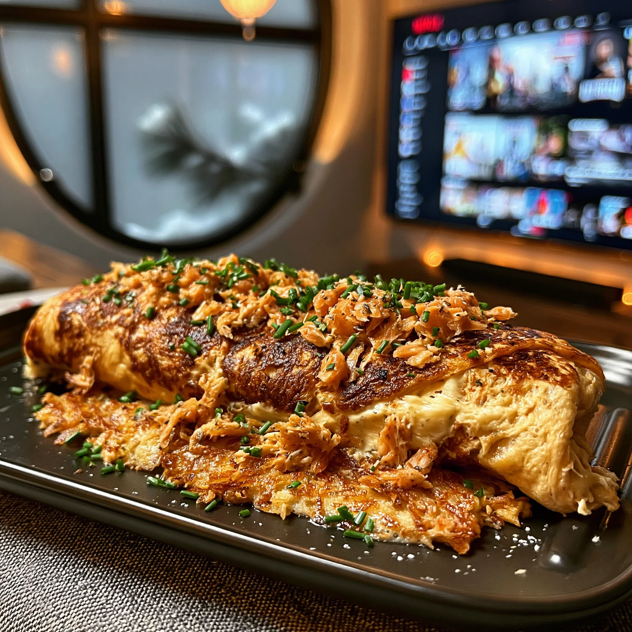 Smoked Salmon and Herb Cream Cheese Stuffed Omelet with Crispy Golden Hash Browns and Fresh Chives