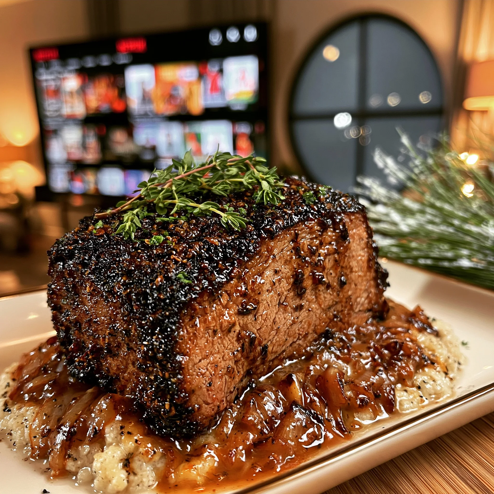 Smoked Shallot and Oregano-Crusted Chuck Roast with a Velvety Roasted Tomato Gravy