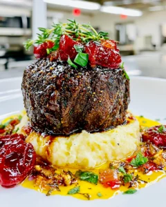 Sour Cherry and Aged Balsamic-Glazed Braised Filet Mignon with a Roasted Garlic and Thyme Jus