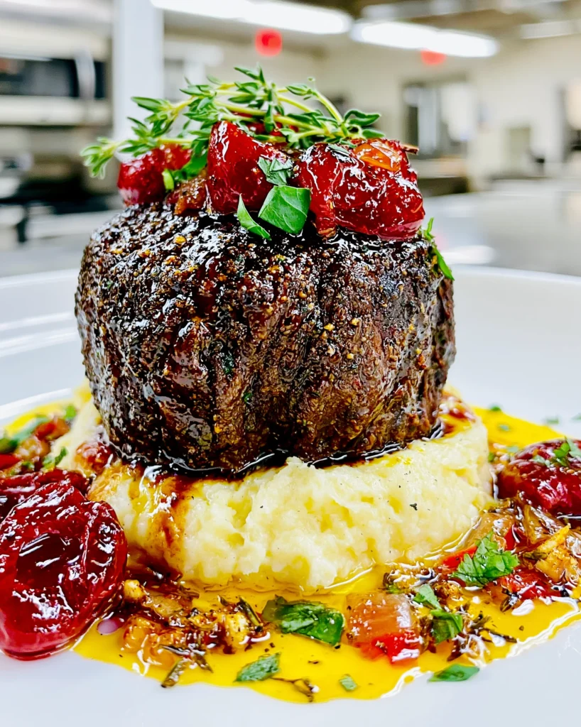 Sour Cherry and Aged Balsamic-Glazed Braised Filet Mignon with a Roasted Garlic and Thyme Jus