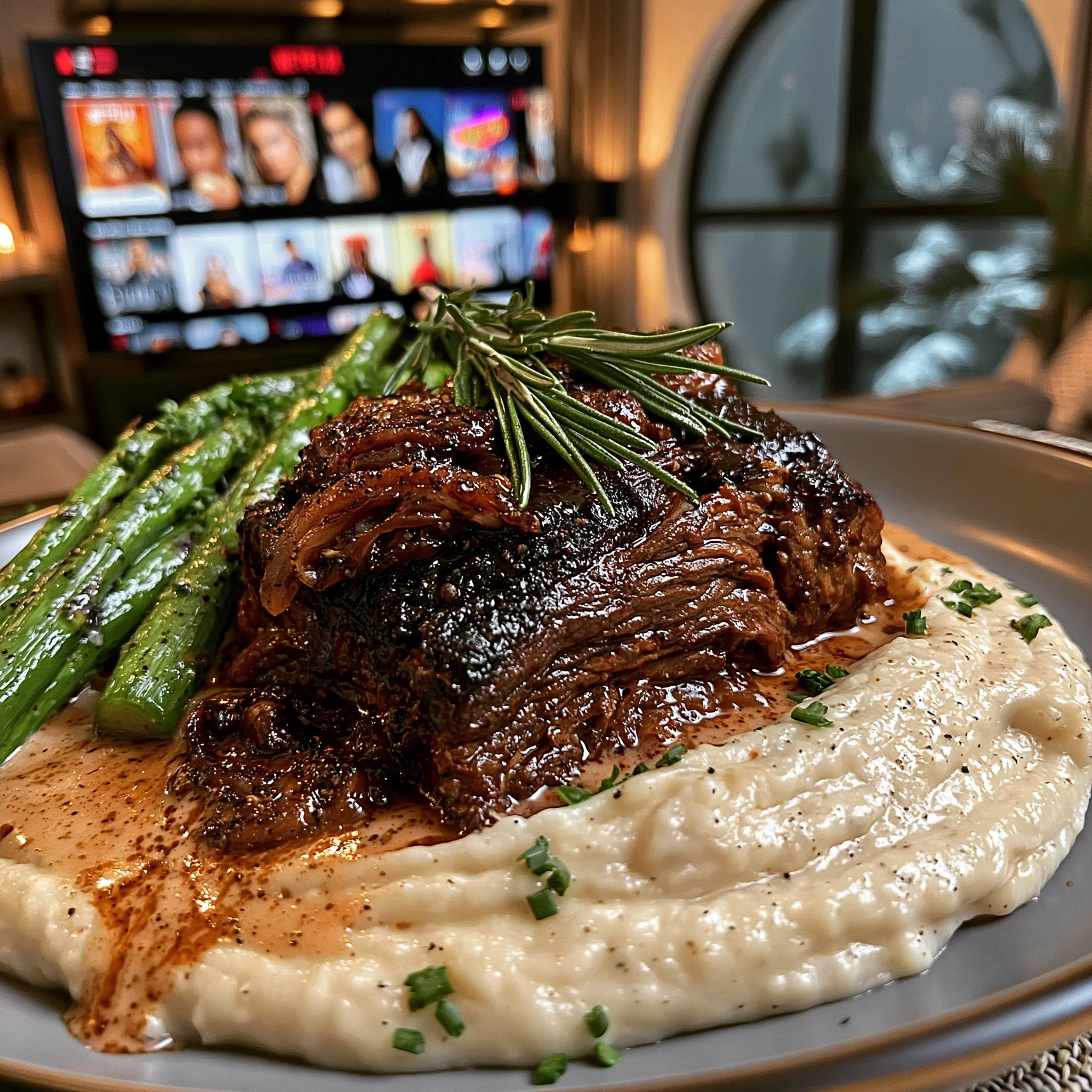 Spiced Cherry-Balsamic Glazed Shallot and Rosemary Braised Chuck Roast with a Velvety Rutabaga Gravy