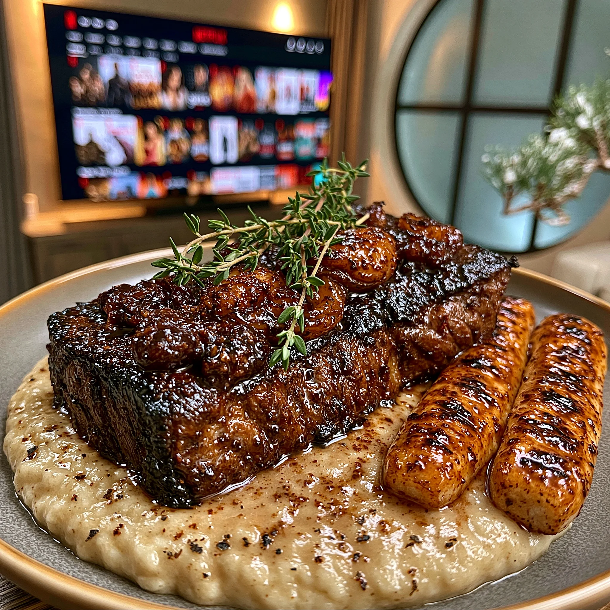 Spiced Cranberry-Balsamic Glazed Shallot and Thyme Braised Sirloin with a Velvety Parsnip-Garlic Gravy
