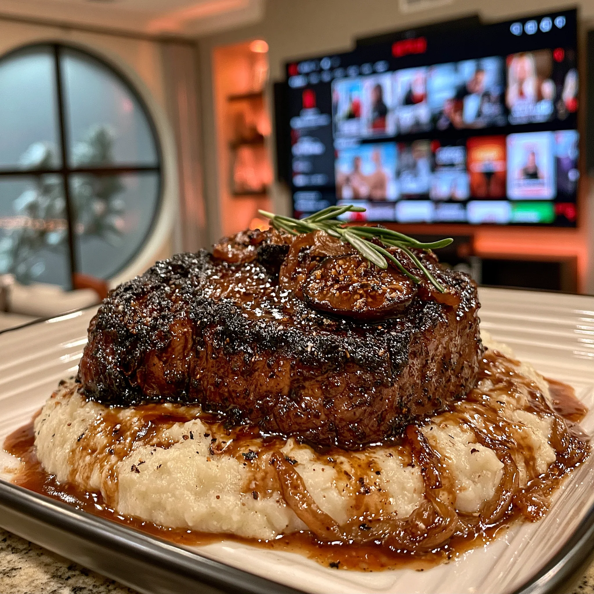Spiced Fig-Balsamic and Caramelized Shallot Glazed Braised Ribeye with a Velvety Rosemary Jus